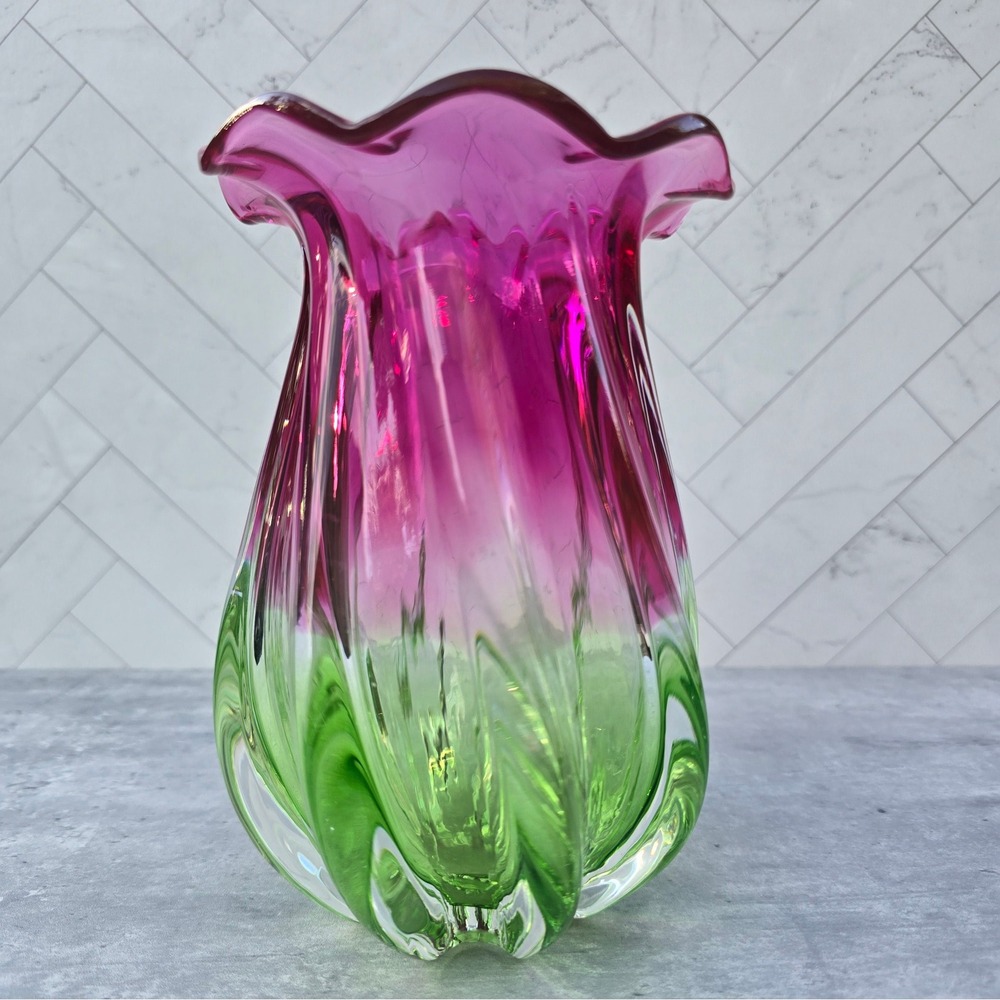 Teleflora Hand Blown Watermelon Pink & Green Art Glass Ruffled Swirl Vase